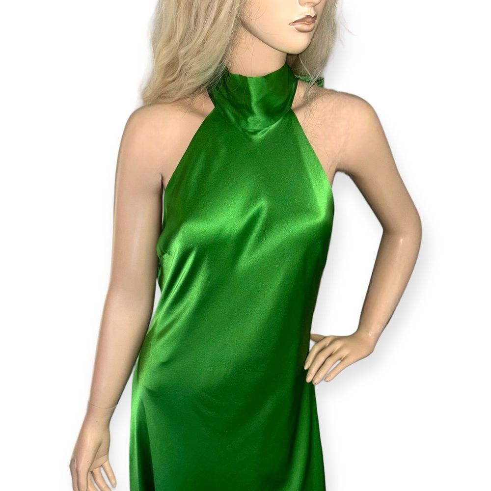 FRAME Draped Neck Tie Halter Dress in Bright Peridot Silk Size Large NEW - Picture 10 of 16